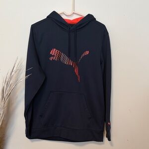 Puma Men's Navy Hoodie with Vibrant Orange Logo
